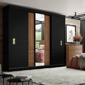 Guarda-roupa 5 Portas 8 Gavetas Thb Sognare Glass Preto/carvalho