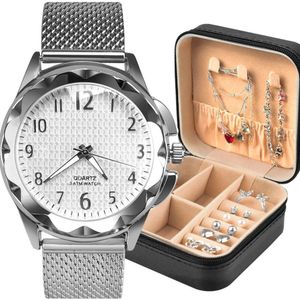 Relogio Feminino Prova Dagua + Pulseira + Colar + Brincos Presente Prata Original Casual Social