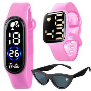 Oculos Proteção Uv + Relógio Digital Rosa Barbie Infantil Qualidade Premium Formato Gatinho Preto