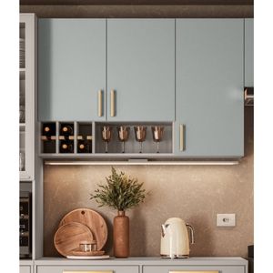 Armário Aéreo 3 Portas Nicho-ageda Garrafeiro 120cm Mdf Dobradiças Slow Motion Essence Fendi-gris