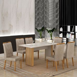 Conjunto Mesa Julia 160cm Com 6 Cadeiras Lara Cinamomo-off White-bege Linho