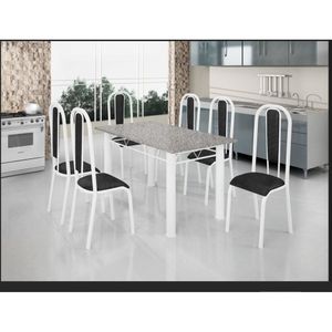 Conjunto Mesa Tubular Com 6 Cadeiras Atenas Tubos Brancos-estofados Preto-tampo Granito Ocre