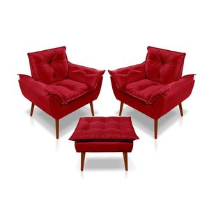 Kit C/2 Poltronas Opala + 01 Puff Opala Elegante Suede Vermelho