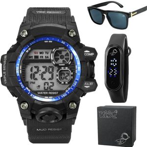 Relógio Prova Dagua Infantil + Caixa + Oculos Protecao Uv Resistente Data Original Esportivo Alarme