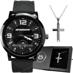 Relogio Preto + Cordão Prata + Caixa Casual Relogio Cordao Silicone Presente Pingente Cruz Ajustavel