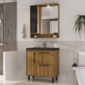 Gabinete Para Banheiro 2 Gavetas 1 Porta Com Espelheira 1 Porta Eleganza Lamina Mel / Preto