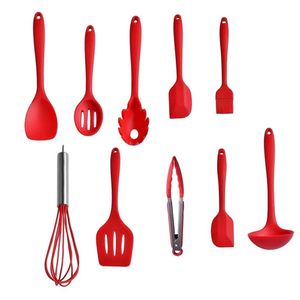 Conjunto De Silicone 10 Peças Cozinha Escumadeira Concha Fuet Manuseio Preparo Refeiçao Talheres