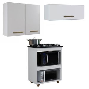 Conjunto Balcão Cooktop 4 Bocas 2 Nichos Para Forno E 2 Armários Aéreo Branco