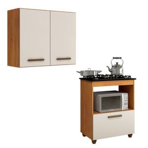 Conjunto Armário Aéreo 2 Portas E Balcão Para Cooktop 4 Bocas 1 Porta Basculante Nature/off White