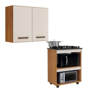 Conjunto Armário Aéreo De Cozinha 2 Portas E Balcão Para Cooktop 4 Bocas 2 Nichos Para Forno Nature/off White