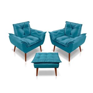 Kit C-2 Poltronas Opala + 01 Puff Opala Elegante Suede Azul Tiffany