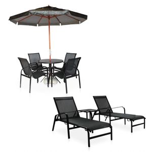 Conjunto 1 Mesa + 4 Cadeiras + 2 Espreguiçadeiras + 1 Mesinha De Centro Em Alumínio - Preto