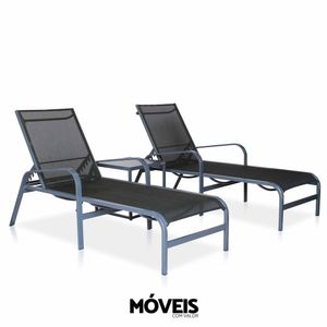 Kit 2 Espreguiçadeiras De Alumínio + 1 Mesinha Lateral Para Piscina, Hotel - Grafite E Tela Preta