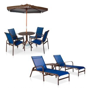 Conjunto 1 Mesa + 4 Cadeiras + 2 Espreguiçadeiras + 1 Mesinha De Centro + 1 Ombrelone - Marrom Azul