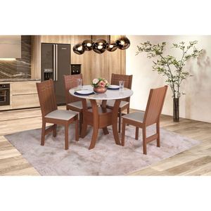 Conjunto Sala De Jantar Com Mesa Redonda Ayla 4 Cadeiras Elane Naturalle-off White