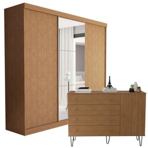 Conjunto Guarda-roupa Casal 3 Portas De Correr E Cômoda 1 Porta 4 Gavetas Carvalho