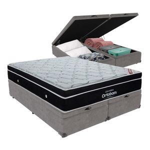 Cama+ Box Com Bau Ortobom Colchão Queen Com Molas Ensacadas Cor:cinza