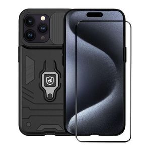 Kit Capa Defender E Pelicula Coverage 5d Pro Preta Para Iphone 15 Pro - Gshield