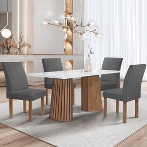 Conjunto Mesa Stella Ripada 120cm Com 4 Cadeiras Canela Tampo Smart Plus Com Vidro Chocolate-off White-veludo Cinza