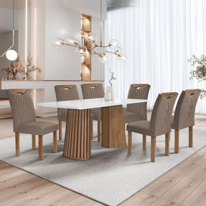 Conjunto Mesa Stella Ripada 170cm Com 6 Cadeiras Stella Tampo Smart Plus Com Vidro Chocolate-off White-veludo Bege