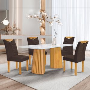 Conjunto Mesa Stella Ripada 120cm Com 4 Cadeiras Stella Tampo Smart Plus Com Vidro Cinamomo-off White-veludo Marrom