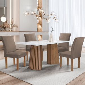 Conjunto Mesa Stella Ripada 120cm Com 4 Cadeiras Canela Tampo Smart Plus Com Vidro Chocolate-off White-veludo Bege