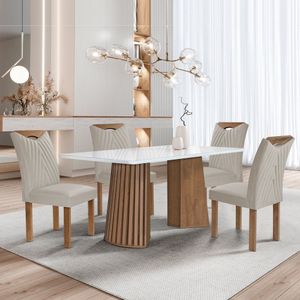Conjunto Mesa Stella Ripada 120cm Com 4 Cadeiras Stella Tampo Smart Plus Com Vidro Chocolate-off White-veludo Bege Claro