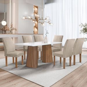 Conjunto Mesa Stella Ripada 170cm Com 6 Cadeiras Canela Tampo Smart Plus Com Vidro Chocolate-off White-boucle Bege