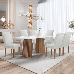 Conjunto Mesa Stella Ripada 170cm Com 6 Cadeiras Canela Tampo Smart Plus Com Vidro Chocolate-off White-boucle Gelo