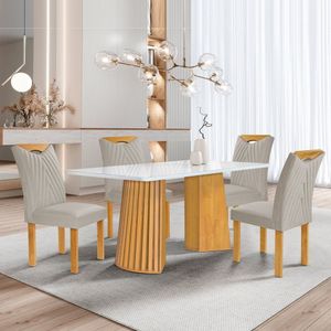 Conjunto Mesa Stella Ripada 120cm Com 4 Cadeiras Stella Tampo Smart Plus Com Vidro Cinamomo-off White-veludo Bege Claro