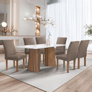 Conjunto Mesa Stella Ripada 170cm Com 6 Cadeiras Canela Tampo Smart Plus Com Vidro Cinamomo-off White-veludo Marrom