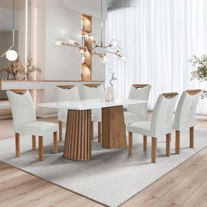Conjunto Mesa Stella Ripada 170cm Com 6 Cadeiras Stella Tampo Smart Plus Com Vidro Chocolate-off White-boucle Gelo