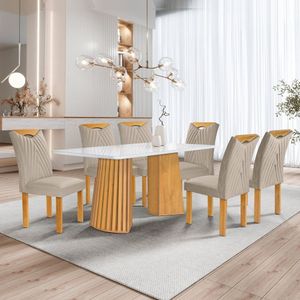Conjunto Mesa Stella Ripada 170cm Com 6 Cadeiras Stella Tampo Smart Plus Com Vidro Cinamomo-off White-boucle Bege