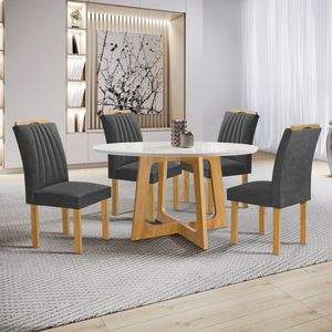 Conjunto Mesa Arizona 120cm Com 4 Cadeiras Arizona Tampo Redondo Plus Com Vidro Cinamomo-off White-cinza