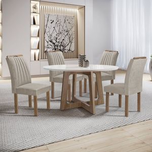 Conjunto Mesa Arizona 120cm Com 4 Cadeiras Arizona Tampo Redondo Plus Com Vidro Chocolate-off White-bege Claro