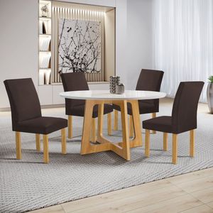 Conjunto Mesa Arizona 120cm Com 4 Cadeiras Canela Tampo Redondo Plus Com Vidro Cinamomo-off White-marrom