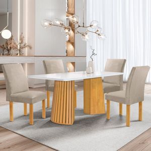 Conjunto Mesa Stella Ripada 120cm Com 4 Cadeiras Canela Tampo Smart Plus Com Vidro Cinamomo-off White-boucle Bege