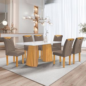 Conjunto Mesa Stella Ripada 170cm Com 6 Cadeiras Stella Tampo Smart Plus Com Vidro Cinamomo-off White-veludo Bege Escuro