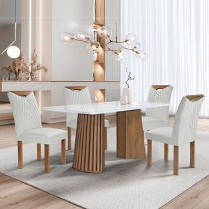 Conjunto Mesa Stella Ripada 120cm Com 4 Cadeiras Stella Tampo Smart Plus Com Vidro Chocolate-off White-boucle Gelo