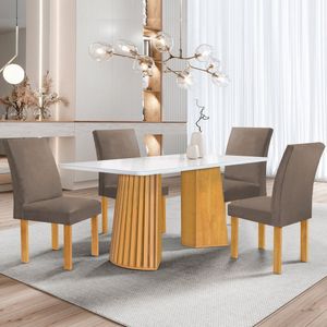 Conjunto Mesa Stella Ripada 120cm Com 4 Cadeiras Canela Tampo Smart Plus Com Vidro Cinamomo-off White-veludo Bege Escuro