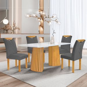 Conjunto Mesa Stella Ripada 120cm Com 4 Cadeiras Stella Tampo Smart Plus Com Vidro Cinamomo-off White-veludo Cinza