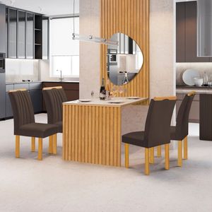 Conjunto Mesa Bella Ripada 120cm Com Painel Espelhado Tampo Bella Com Vidro 4 Cadeiras Arizona Cinamomo-off White-veludo