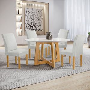Conjunto Mesa Arizona 120cm Com 4 Cadeiras Canela Tampo Redondo Plus Com Vidro Cinamomo-off White-boucle Gelo