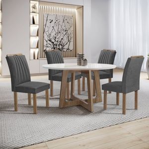 Conjunto Mesa Arizona 120cm Com 4 Cadeiras Arizona Tampo Redondo Plus Com Vidro Chocolate-off White-cinza