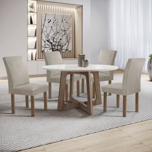 Conjunto Mesa Arizona 120cm Com 4 Cadeiras Canela Tampo Redondo Plus Com Vidro Chocolate-off White-bege Claro