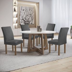 Conjunto Mesa Arizona 120cm Com 4 Cadeiras Canela Tampo Redondo Plus Com Vidro Chocolate-off White-cinza