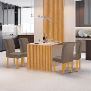 Conjunto Mesa Bella Ripada 120cm Com 4 Cadeiras Canela Tampo Bella Com Vidro Cinamomo-off White-veludo Bege Escuro