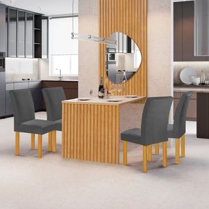 Conjunto Mesa Bella Ripada 120cm Com Painel Espelhado Tampo Bella Com Vidro 4 Cadeiras Canela Cinamomo-off White-veludo