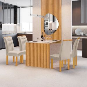 Conjunto Mesa Bella Ripada 120cm Com Painel Espelhado Tampo Bella Com Vidro 4 Cadeiras Arizona Cinamomo-off White-boucle