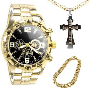 Relogio Masculino Aço Inox + Pulseira + Corrente Cruz Presente Social Preto Qualidade Premium Casual